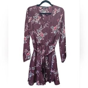 White House Black Market Burgundy Floral V-Neck Dress Long Sleeve Size 4